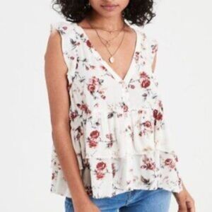 $5 LABOR DAY SALE American Eagle Outfitters Floral Ruffle Blouse - Cream and Red